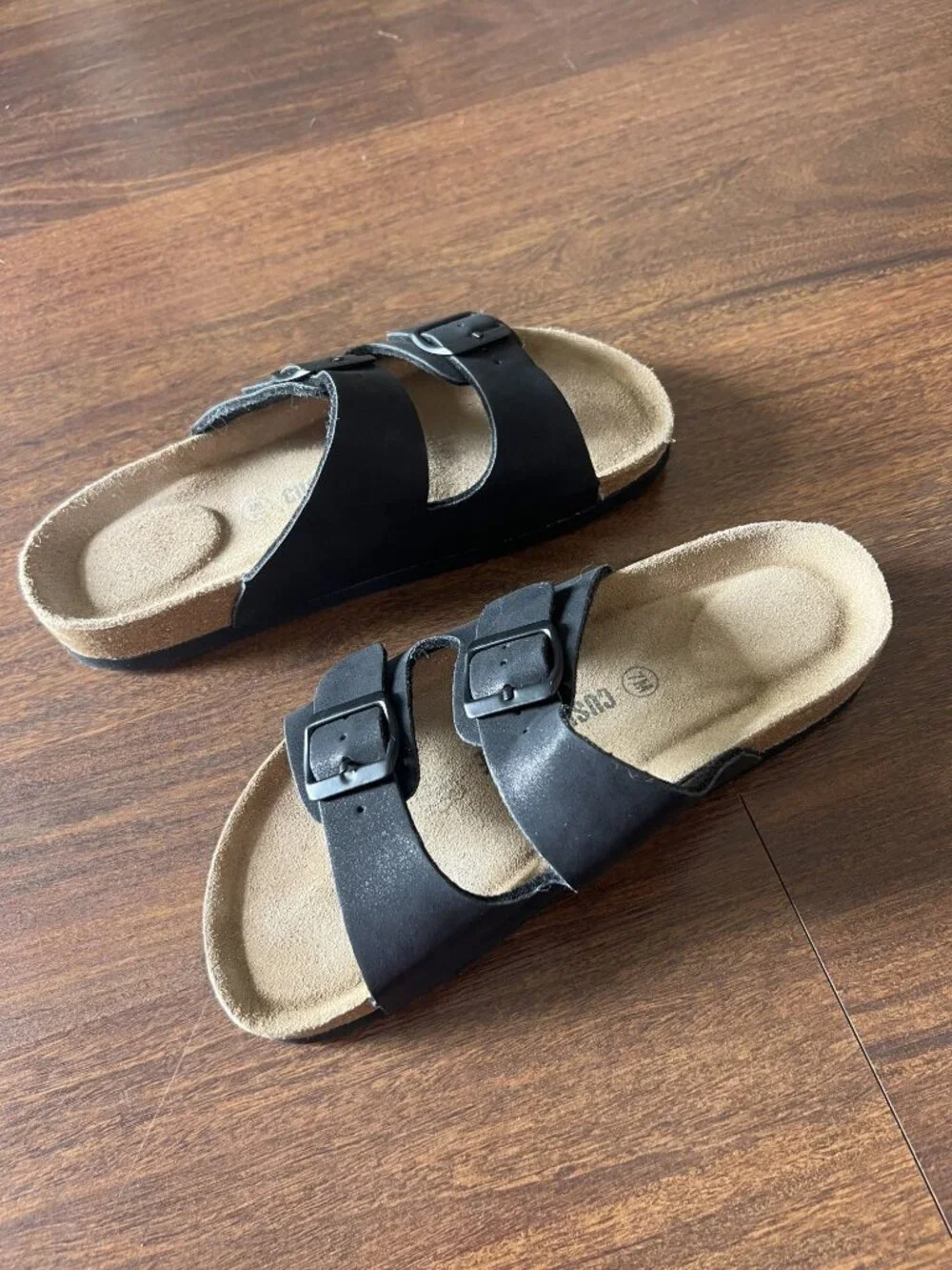 Cushionaire Black Double Buckle Slide Sandals Cork Footbed Womens Size 7